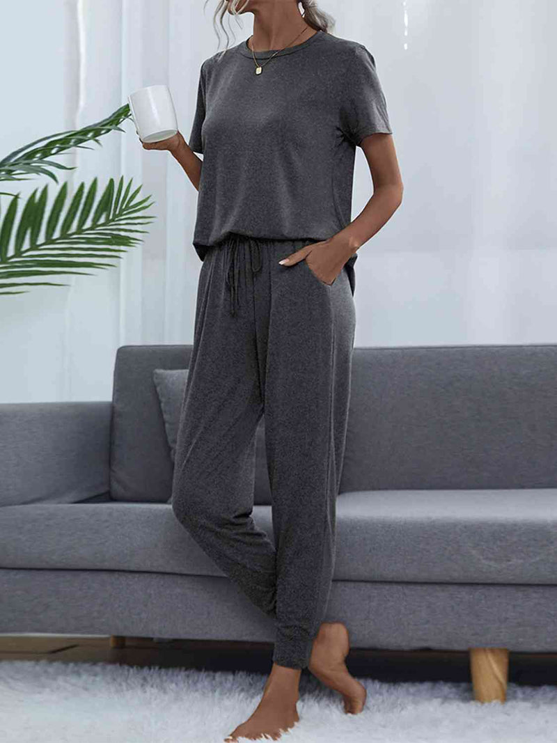 Women's Round Neck Short Sleeve Top and Pants Set