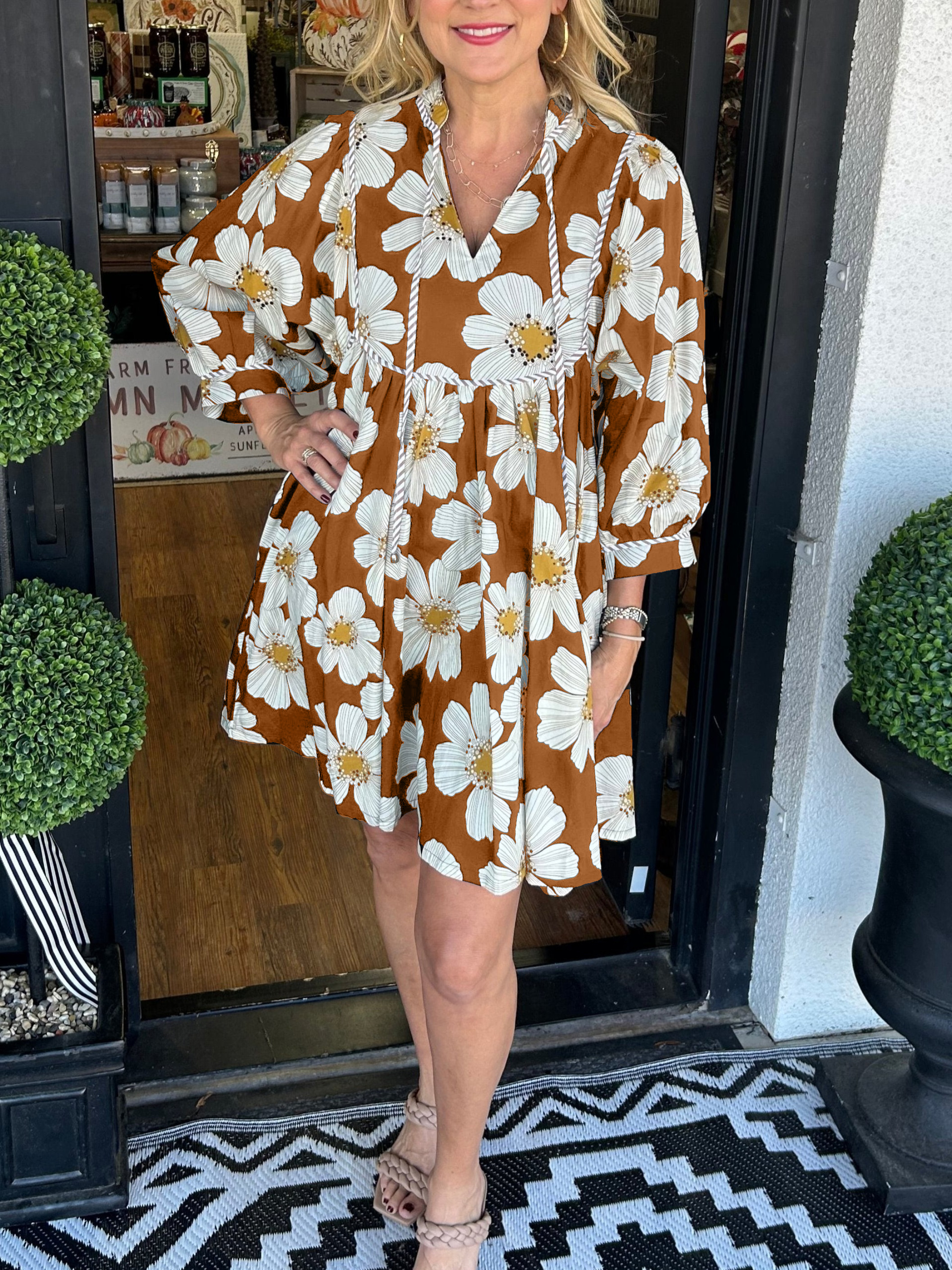 Women's 3/4 Sleeve Floral Mini Dress With Pockets (Buy 2 Free Shipping)