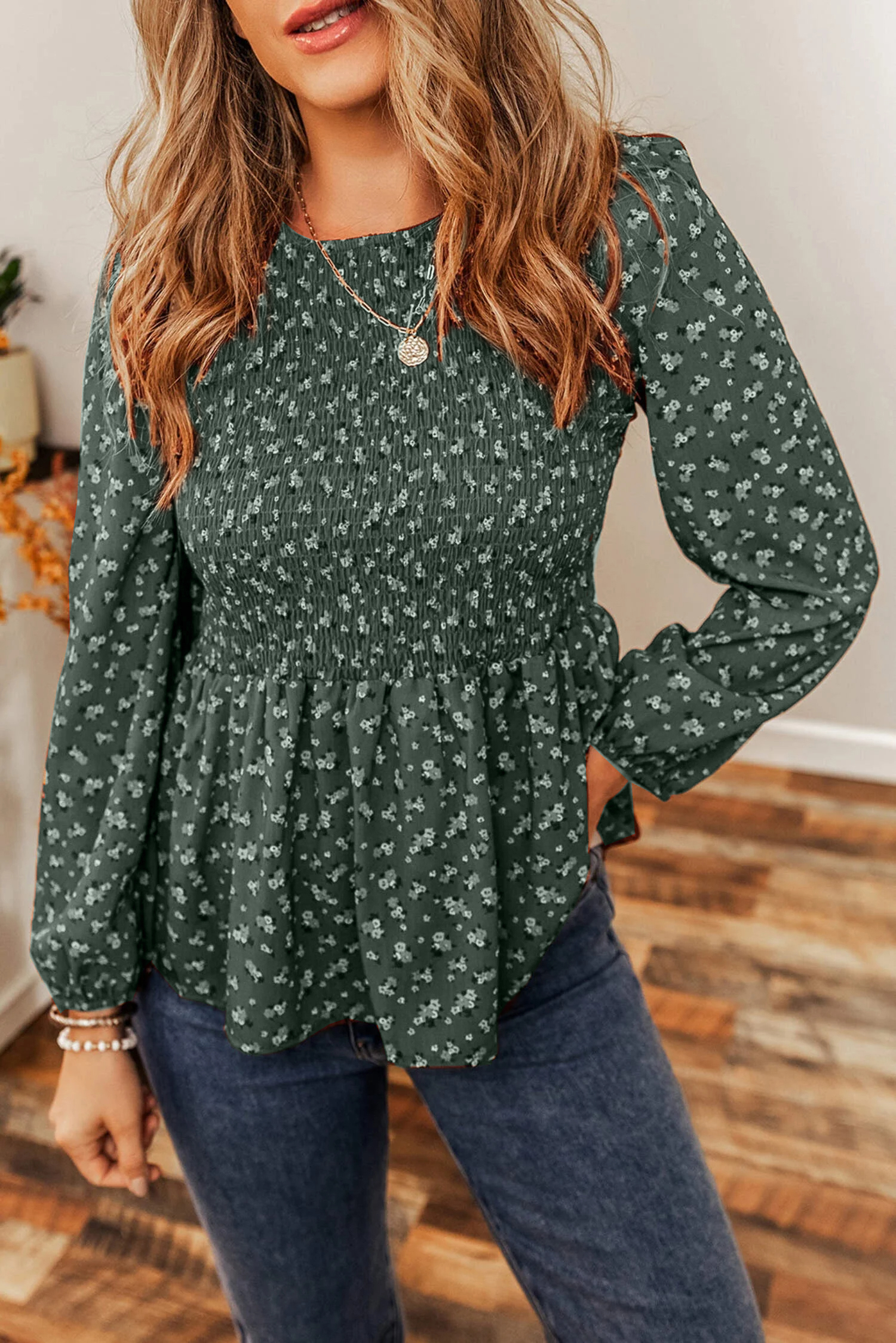 Ditsy Floral Print Boho Smocked Ruffled Peplum Blouse(Buy 2 Free Shipping)