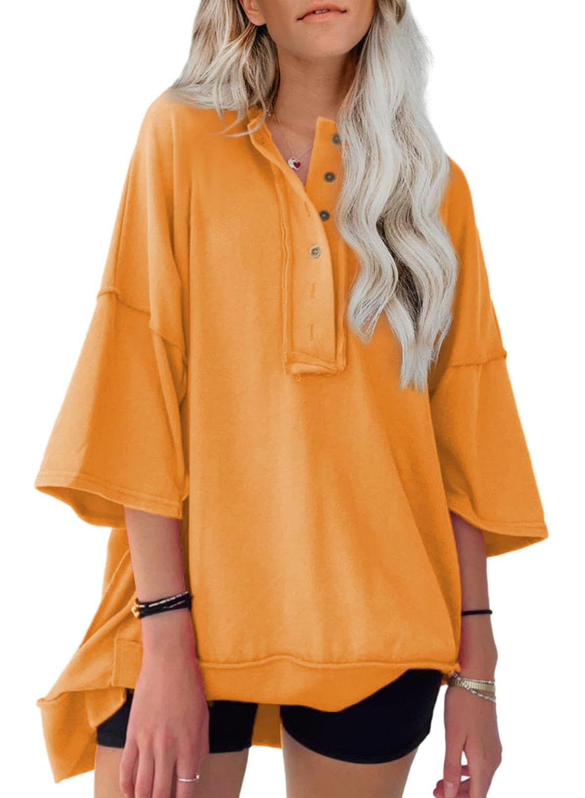 NEW🔥 Women's  Oversized T Shirts Casual Short Sleeve Henley Neck Tees(BUY 2 FREE SHIPPING)