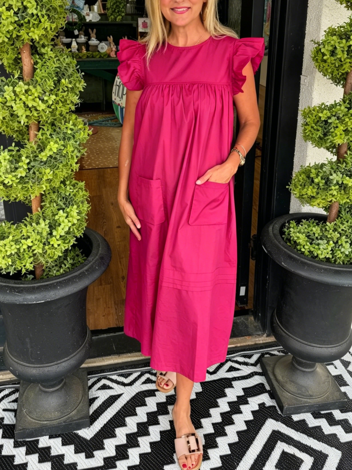 Women's Flutter Sleeve Pocket Midi Shift Dress