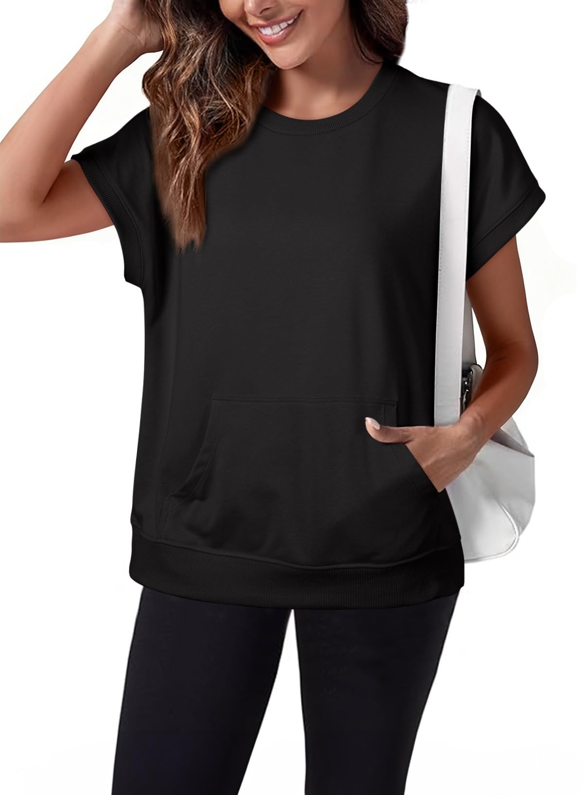 Women's Casual Round Neck Loose Fit Top with Kangaroo Pocket