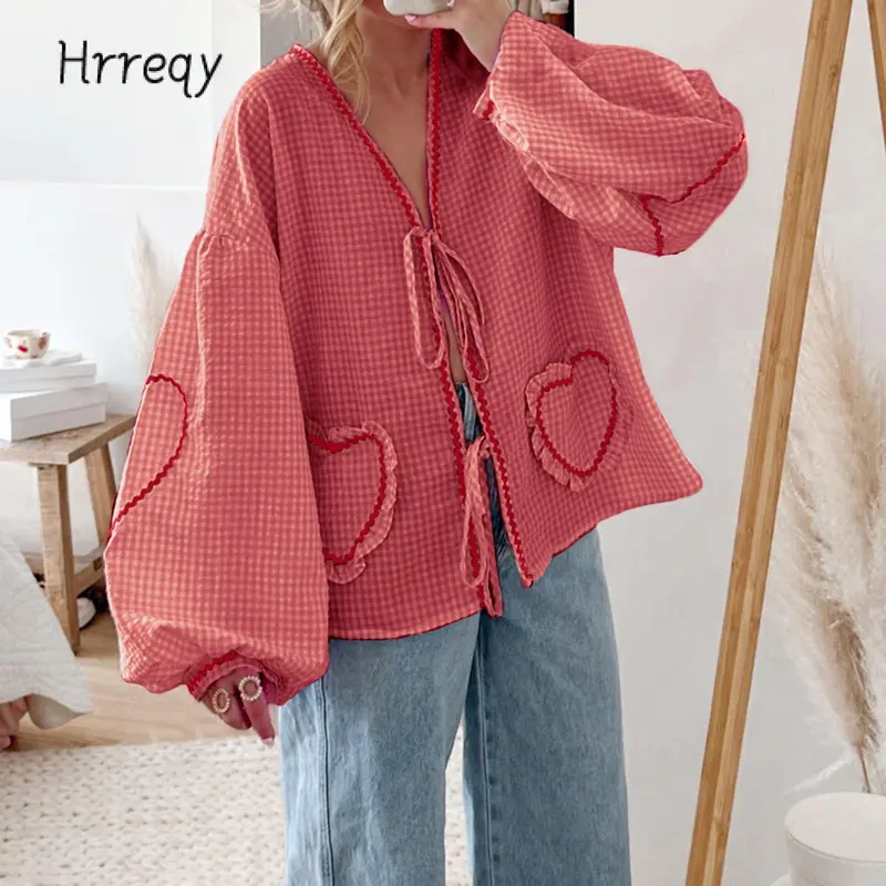 Women Long Sleeve Shirts Heart Embroidery Plaid Front Bowknot Tie-Up Blouses