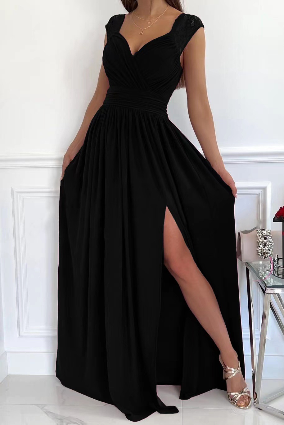 Women's Wrap V-Neck Lace Strap Ruched Sexy Maxi Dress
