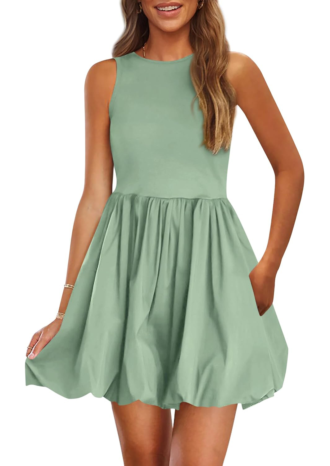 Women's Casual Crew Neck Sleeveless Tank Bubble Dress with Pockets