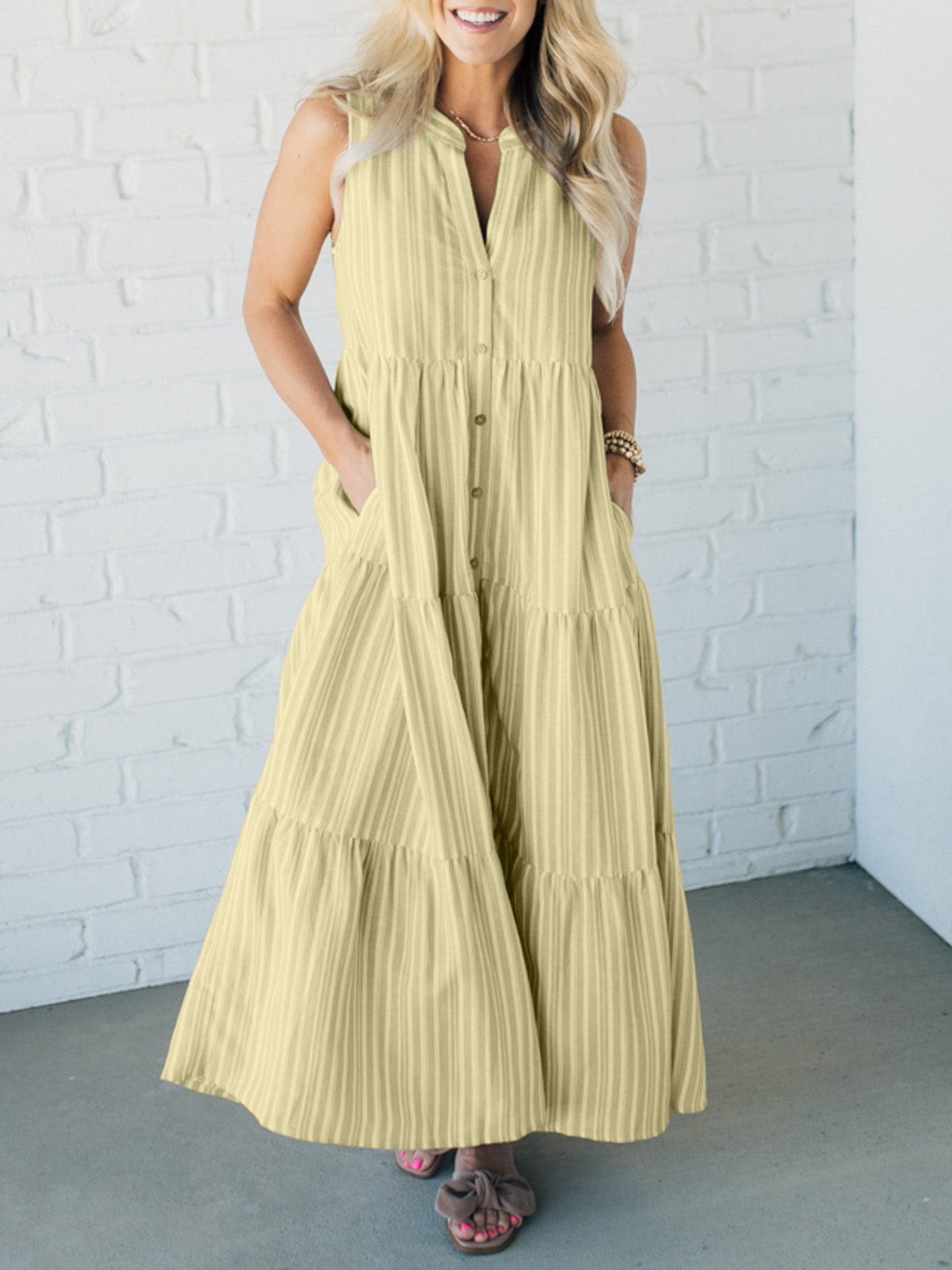 HOT SALE V Neck Striped Button Front Tiered Dress (Buy 2 Free Shipping)