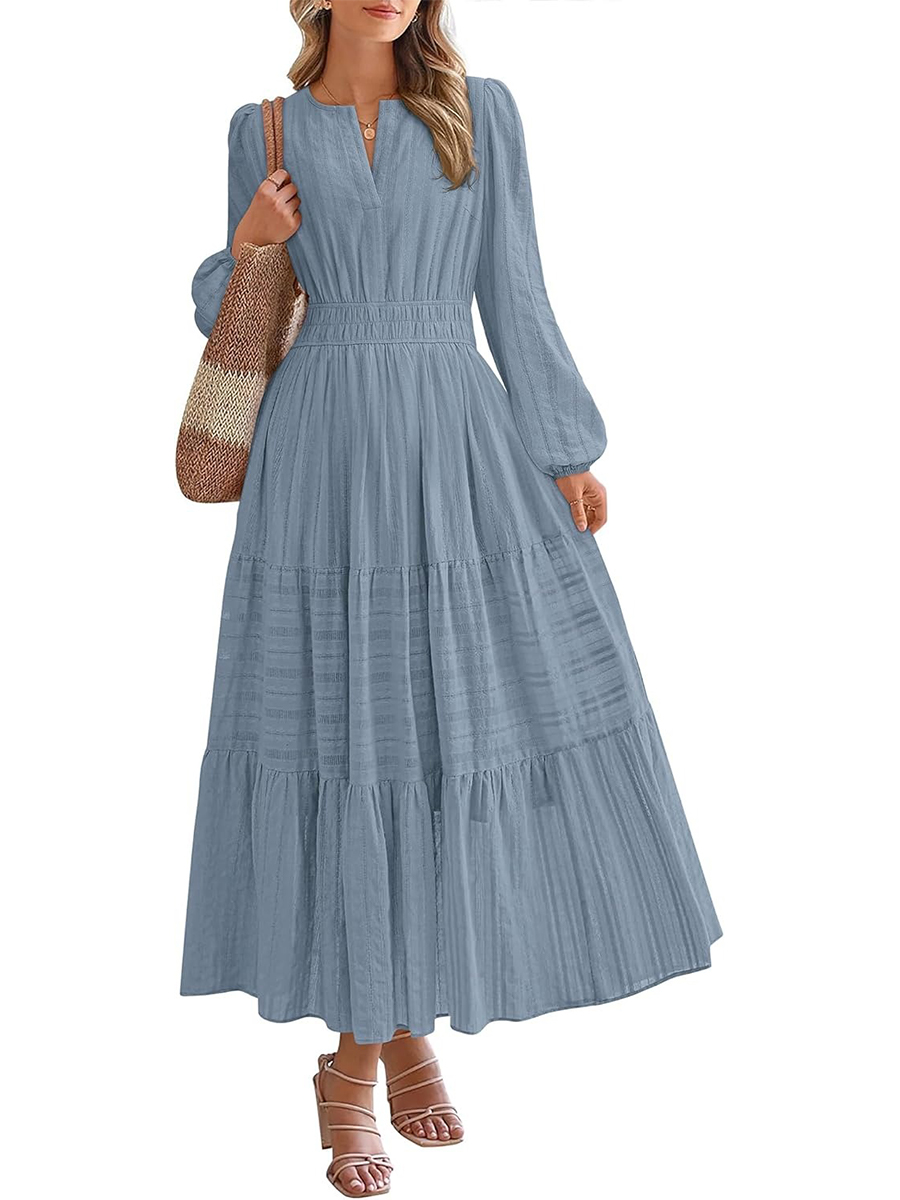 Women's Casual Long Sleeve V Neck Elastic Waist Lightweight Maxi Dress