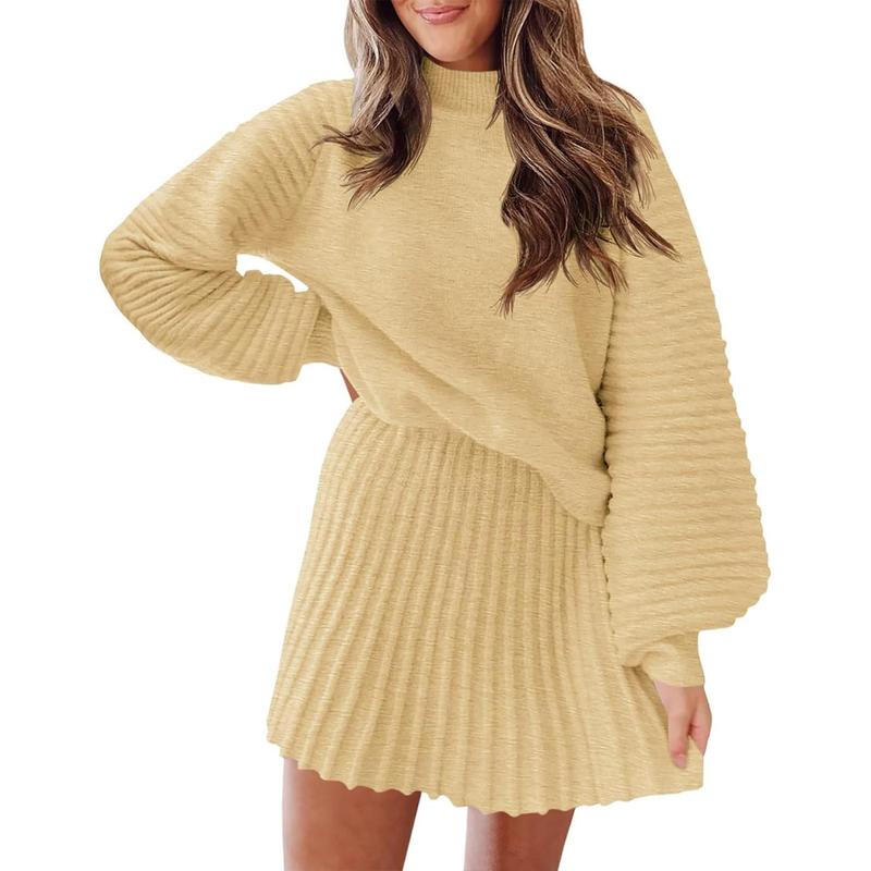 Women's 2 Piece Outfits Long Sleeve Mock Neck Ribbed Sweaters And Mini Skirt Two Piece Sets