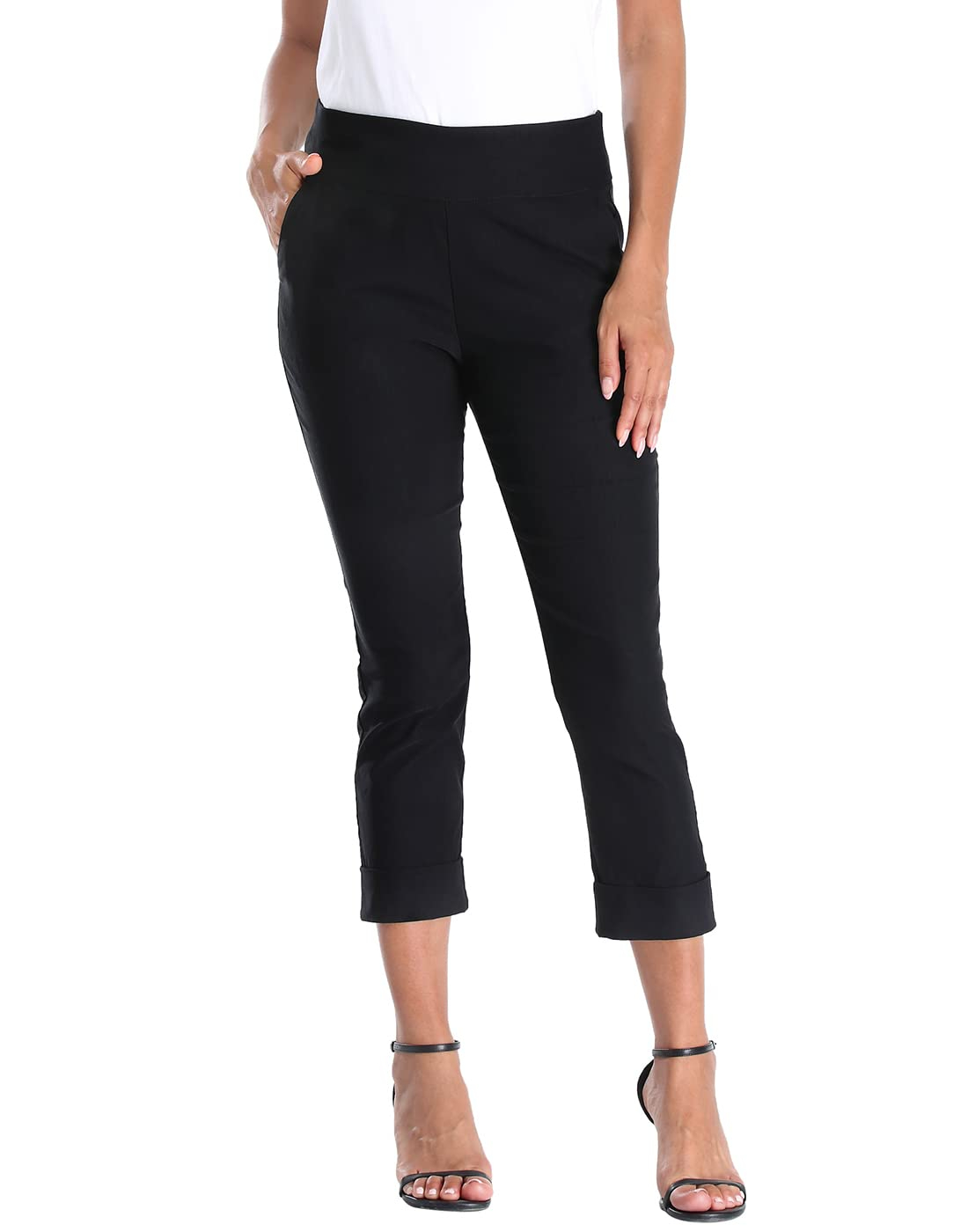 Women's Pull On Capri Pants with Pockets Elastic Waist Cropped Work Pants