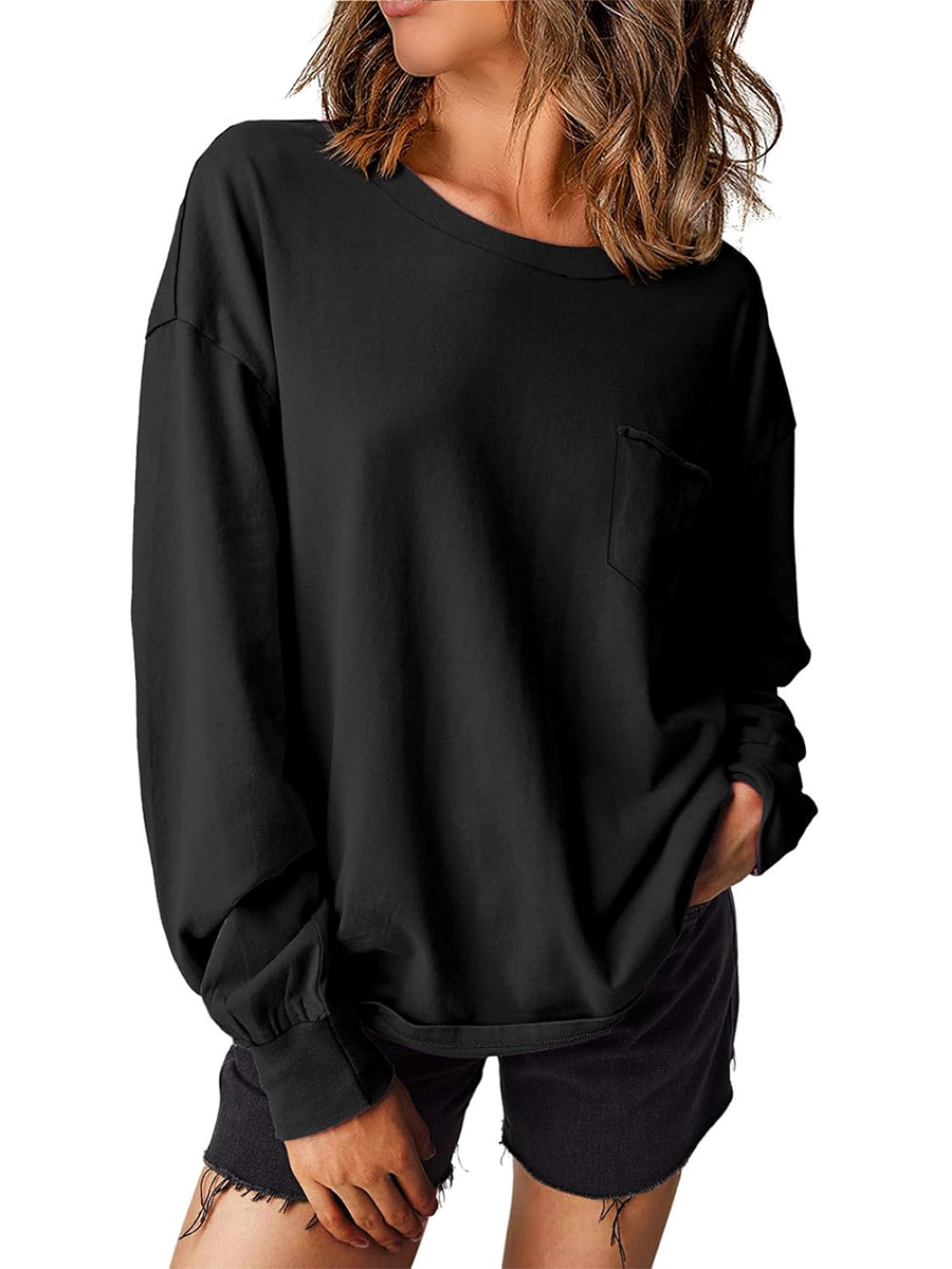 Women's Crewneck Pocket Oversized Basic Long Sleeve Shirts