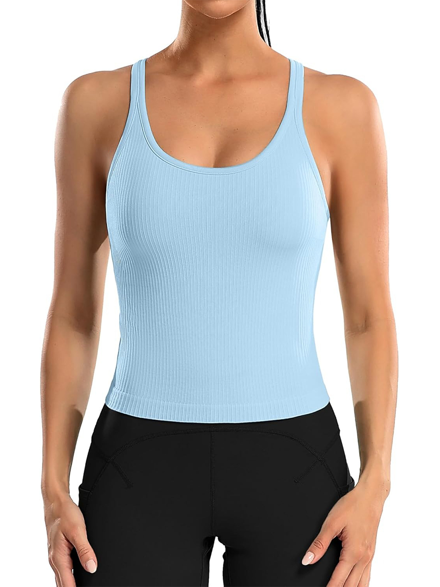 Women's Ribbed Workout Crop Racerback Tank Tops with Built in Bra