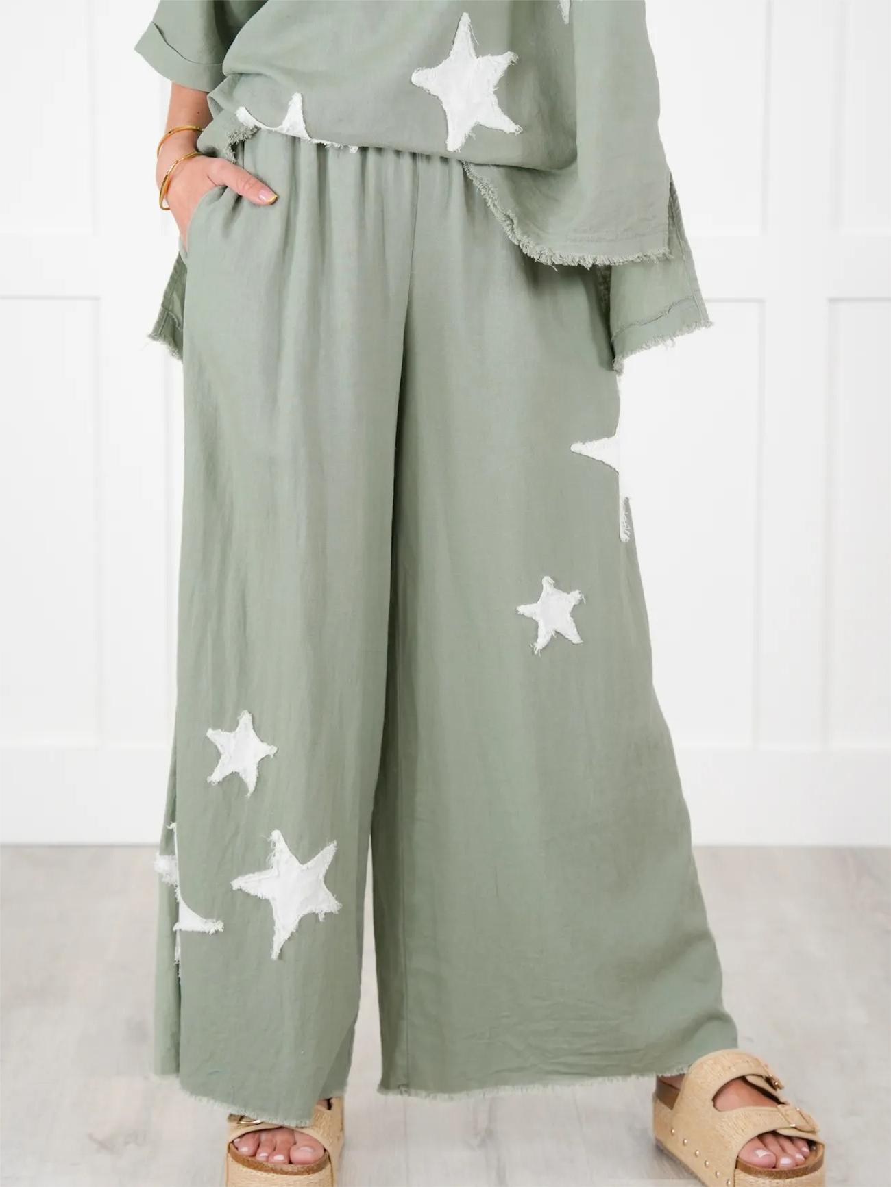 Women's Short Sleeve Top And Wide Leg Pant Set With Star Patch Detail(50% OFF🔥)
