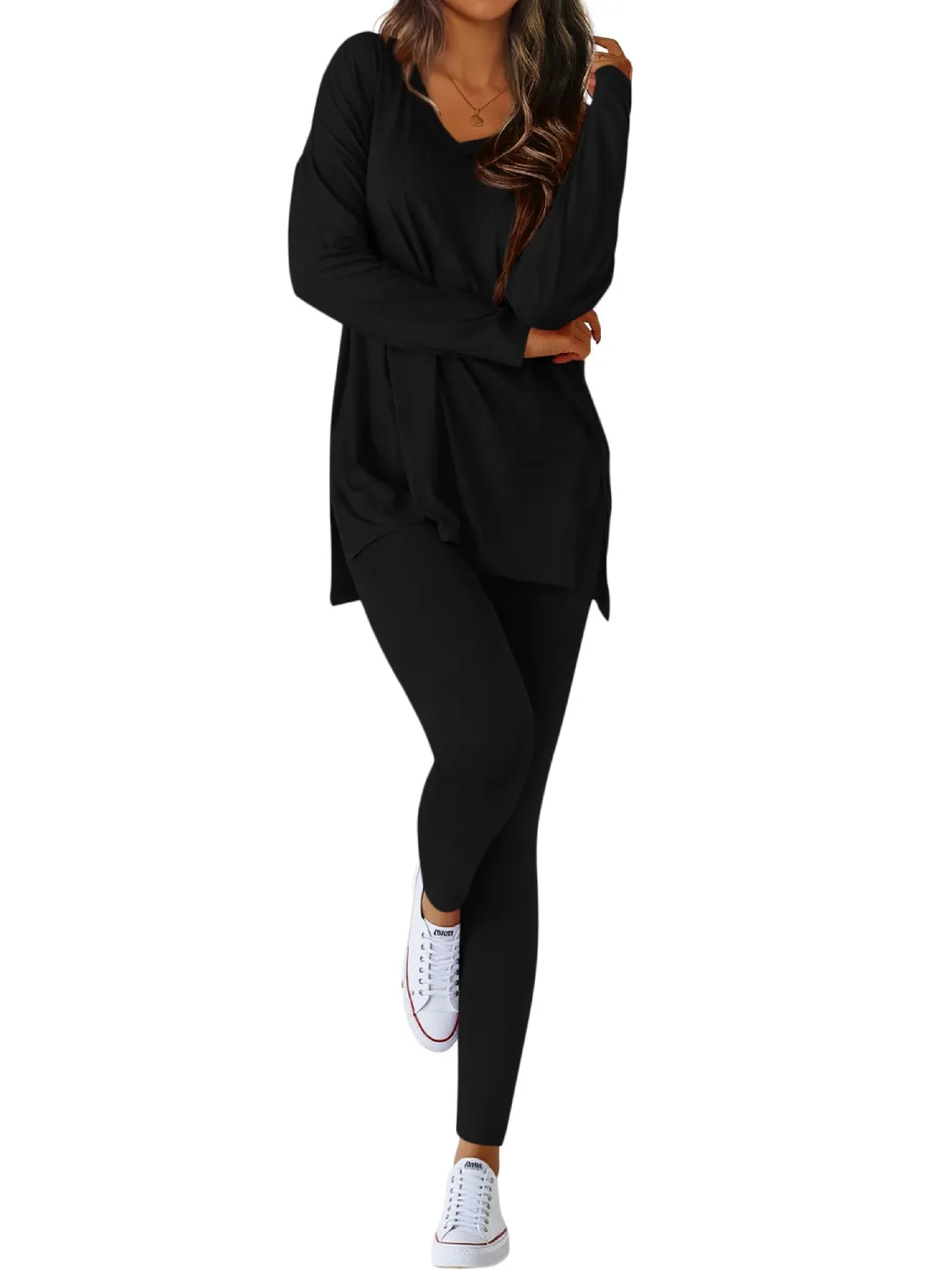 Women's V-neck Oversized Shirts Leggings Casual Lounge Matching Set