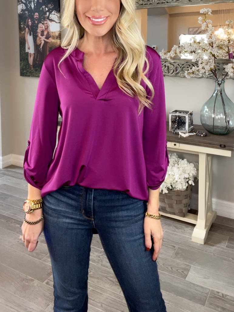 V Neck Satin 3/4 Sleeve Button Blouse 