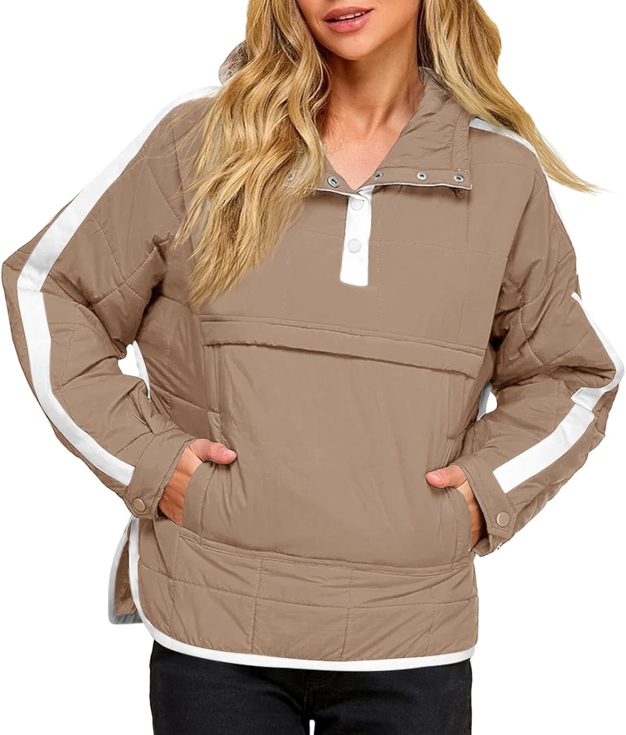 Women's Puffer Quilted Color Block Puffy Pocket Hoodie Jacket