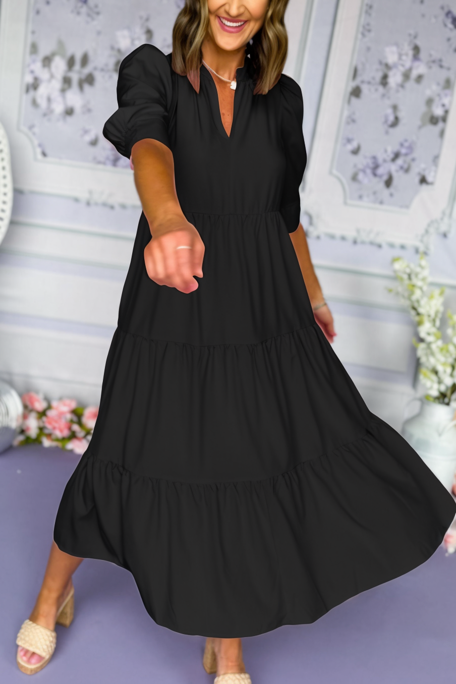 HOT SALE Women's Summer V-Neck Three Quarter Puff Sleeve Tiered Midi Dress