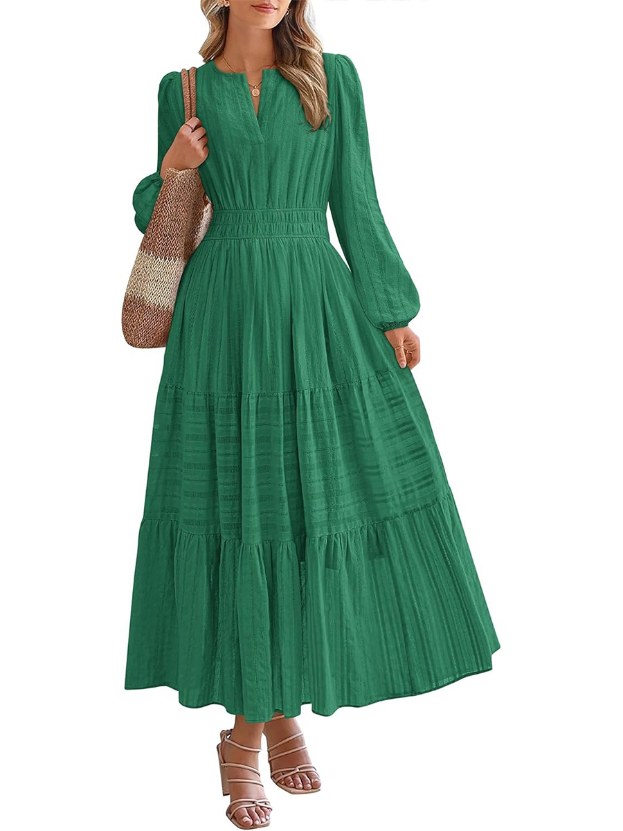 Women's Casual Long Sleeve V Neck Elastic Waist Lightweight Maxi Dress