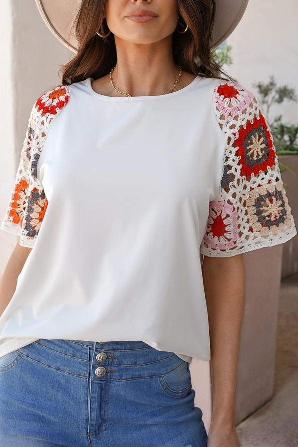 2025 New Floral Crochet Patchwork Round Neck Top(Buy 2 Free Shipping)