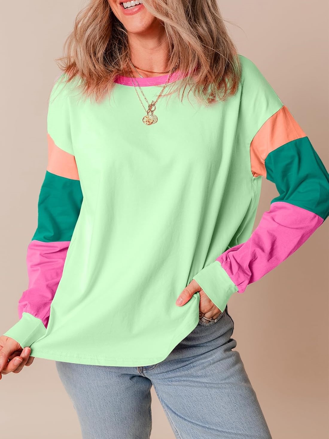 Women's Casual Color Block Sleeve Loose Fit Top