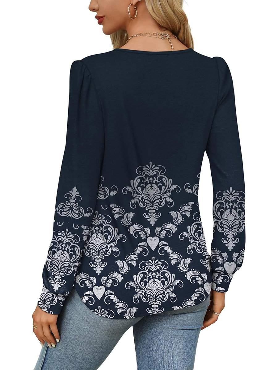 Women's Printed Long Sleeve Pleated Front Tunic Tops