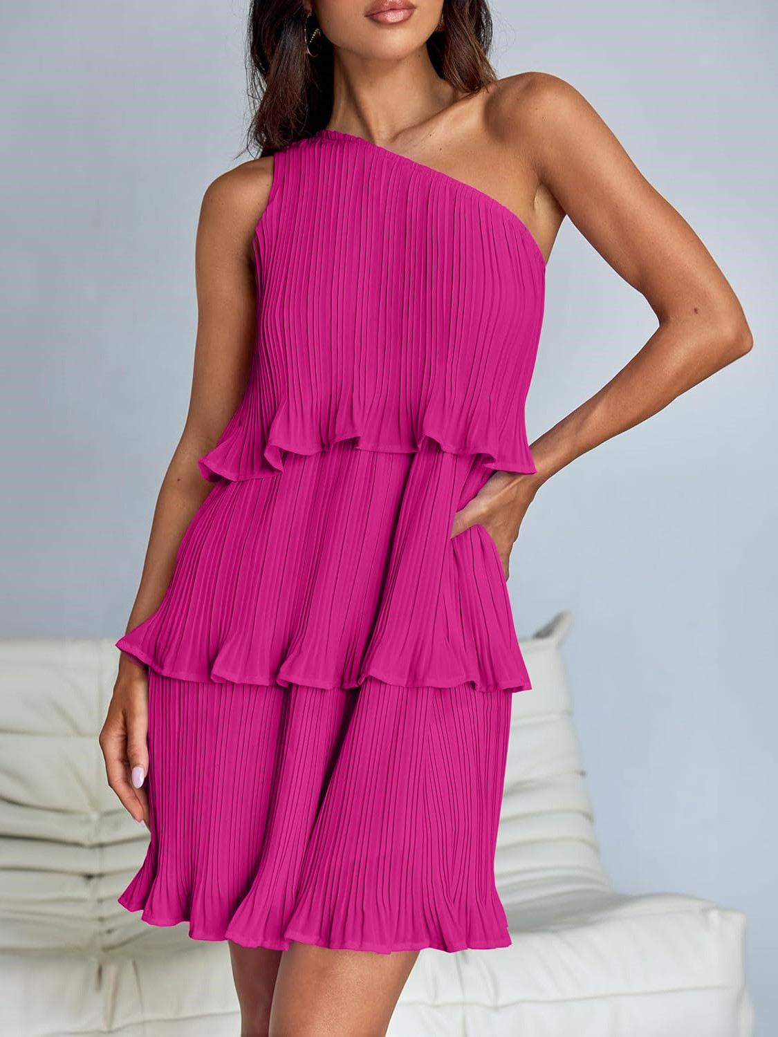 Women's Summer One Shoulder Ruffle Tiered Layered Chiffon Flowy A Line Dress