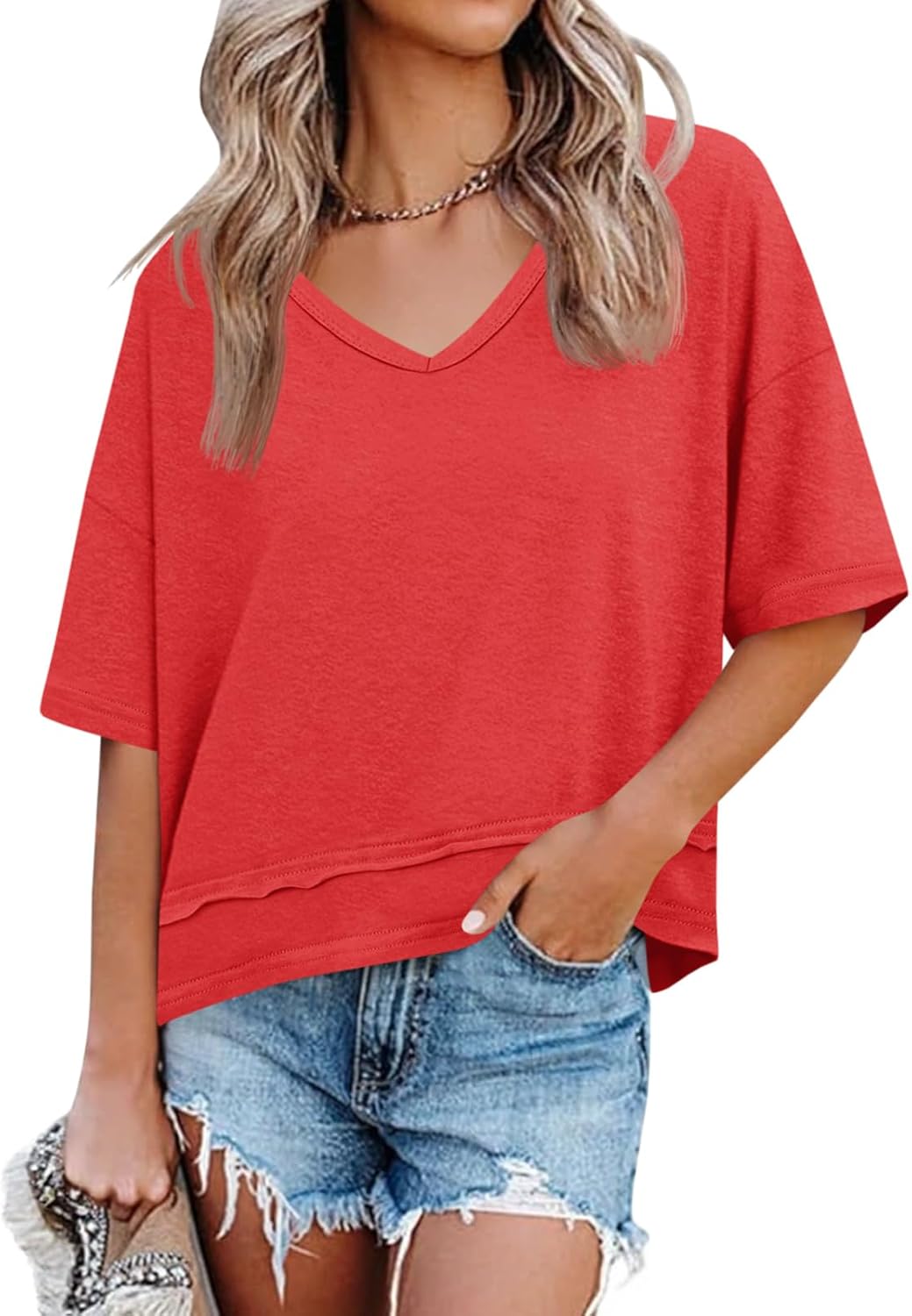Women's V-Neck Spliced Hem Casual Top