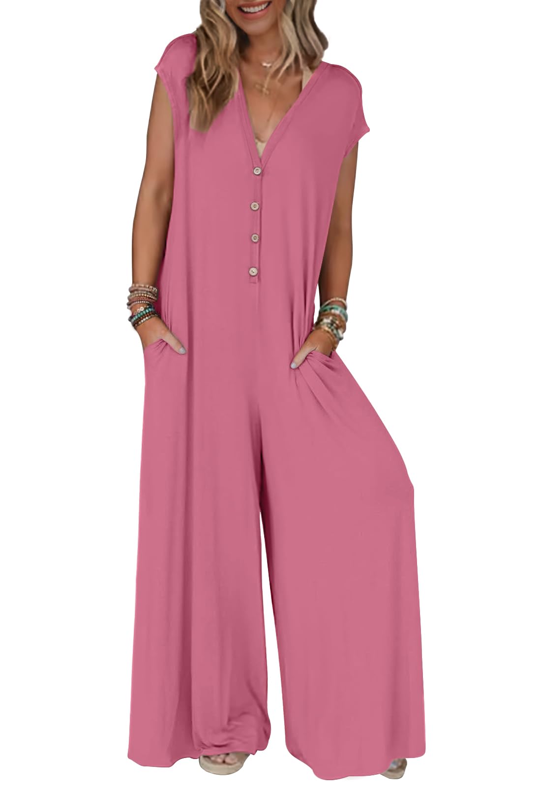 Women's 2025 Summer Cap Sleeve Jumpsuits Deep V Neck Button Onesie Wide Leg Pants Rompers(buy 2 free shipping)