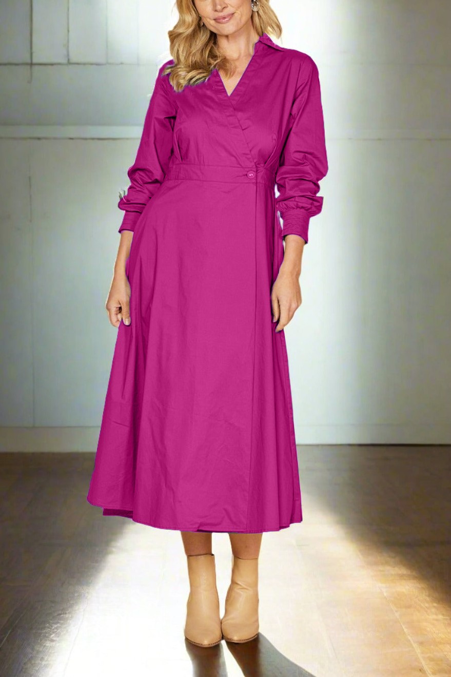 Cross V-neck Long Seeve Buckle Waist Midi Dress