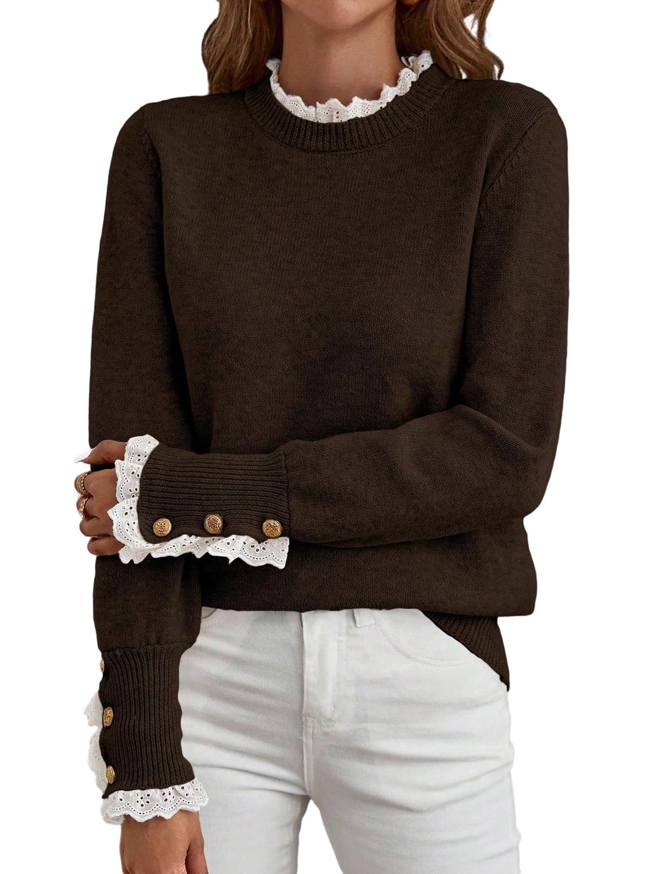 Women's Long Sleeve Knitted Button Lace Trim Sweater