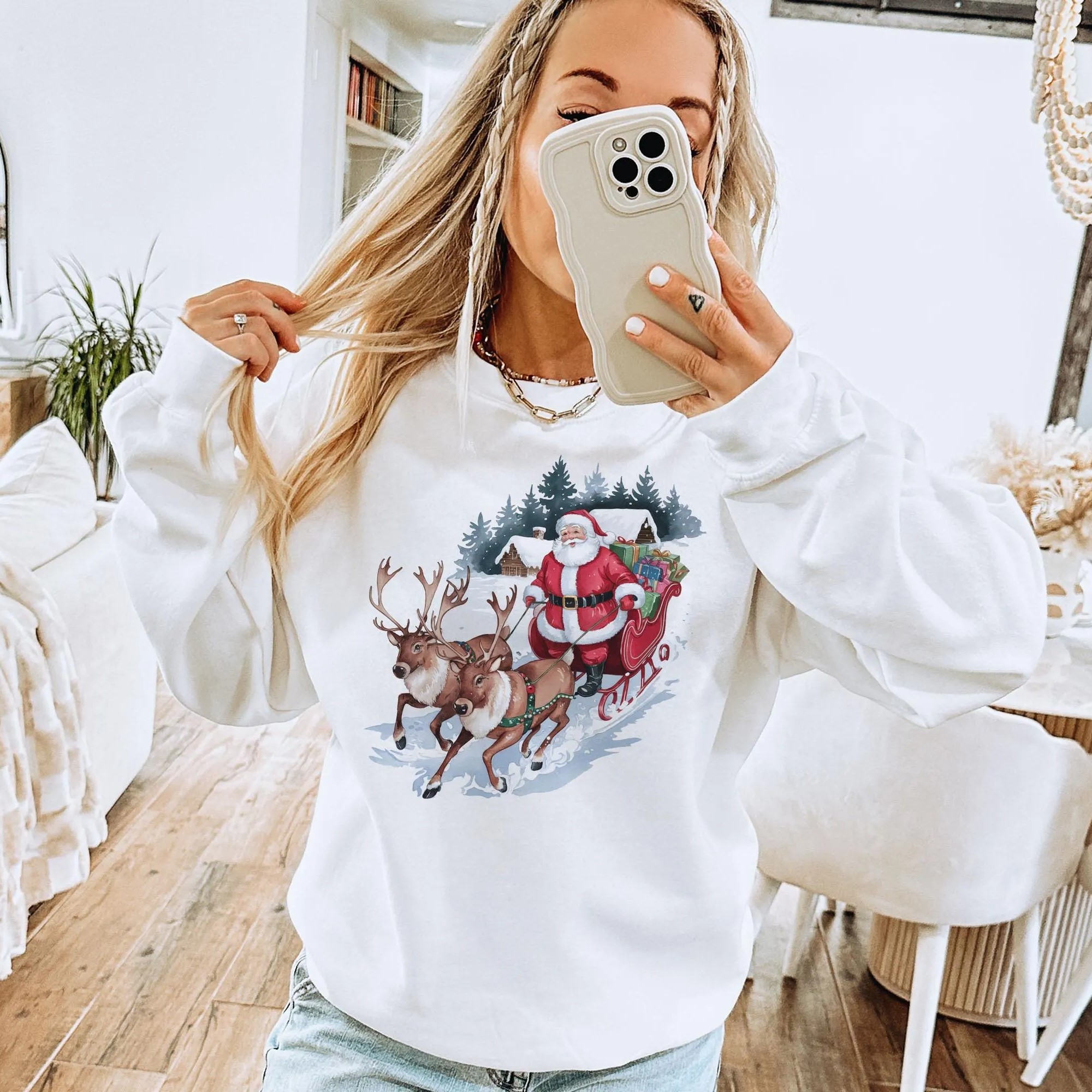 Retro Santa & Reindeer Christmas Winter Cabin Sweatshirt