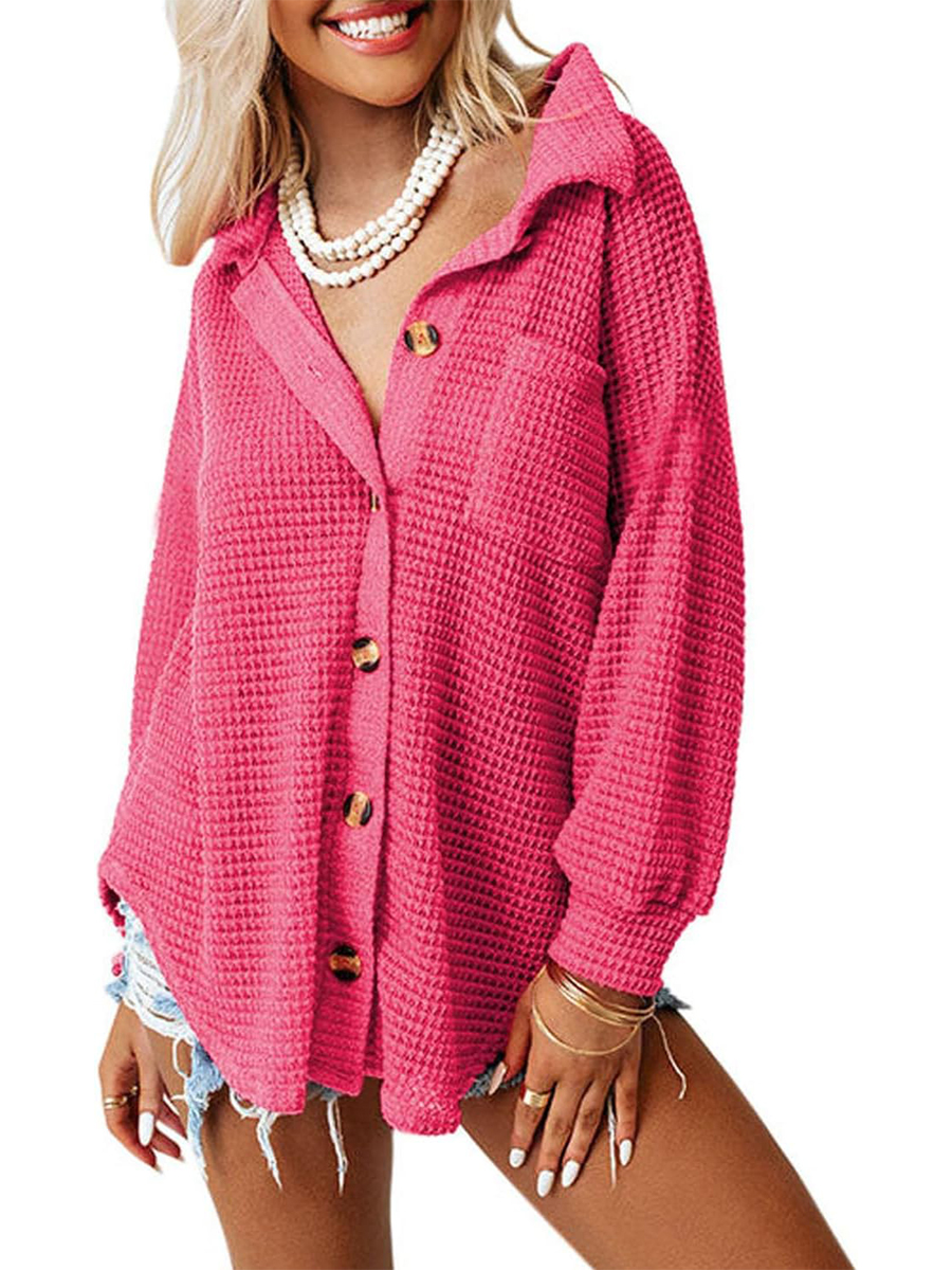 Women's Waffle Knit Casual Button Down Shirts Jacket