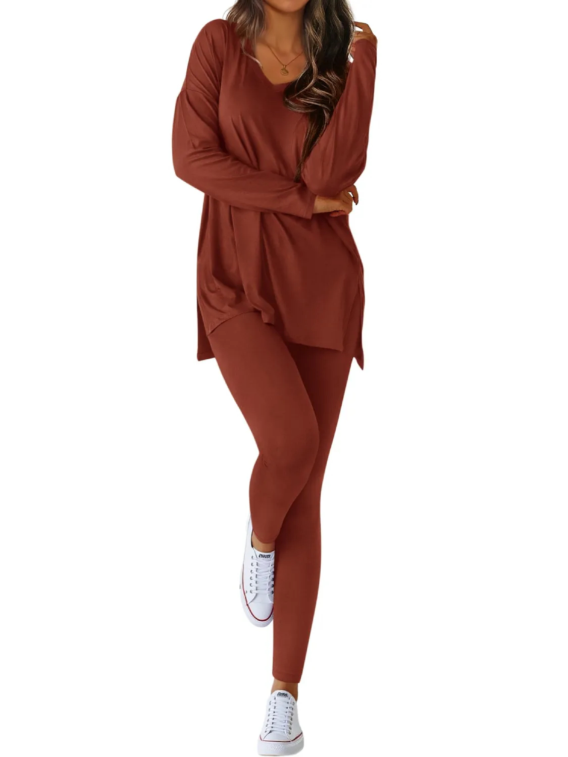 Women's V-neck Oversized Shirts Leggings Casual Lounge Matching Set