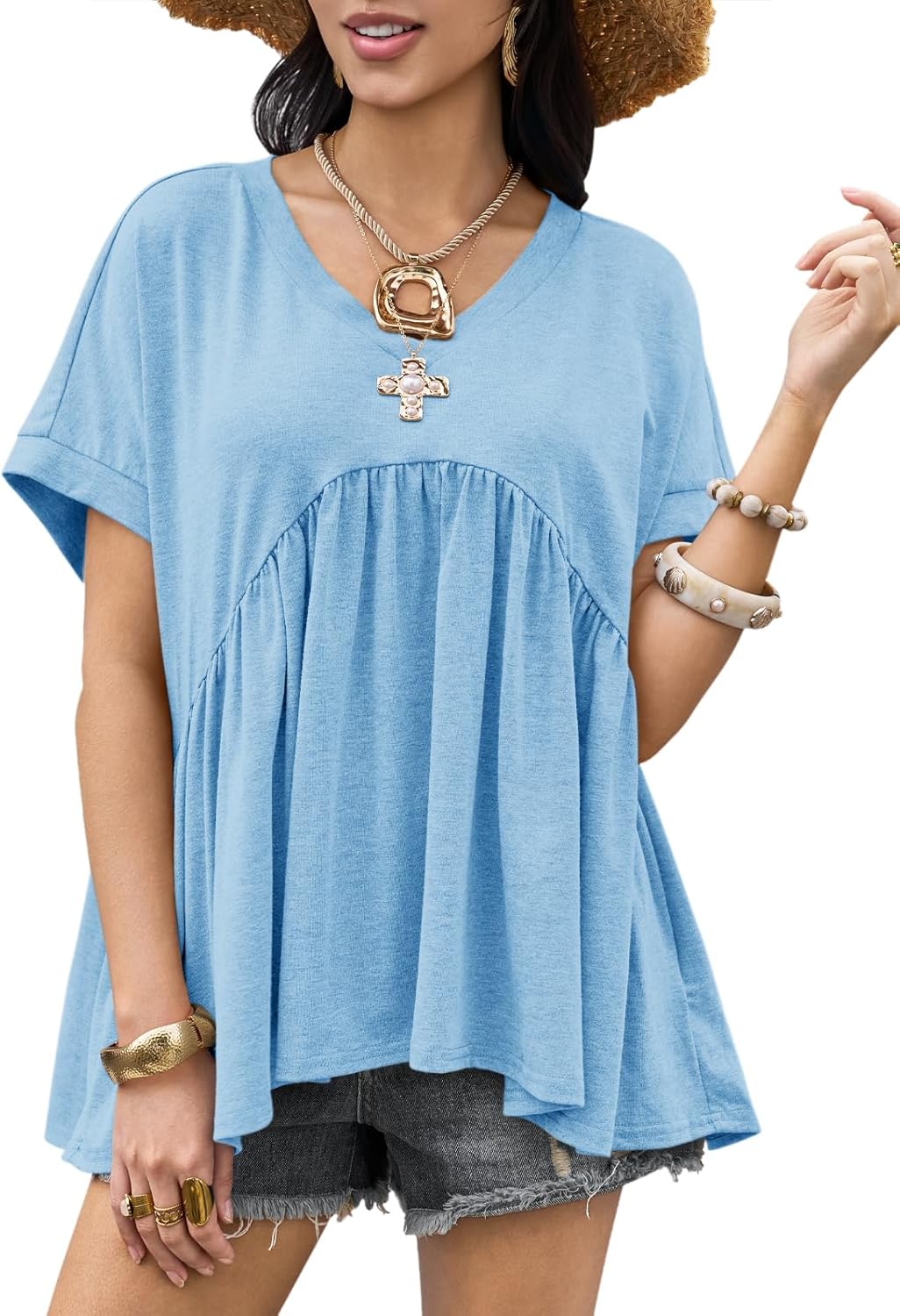Womens Summer Peplum Tops Oversized Babydoll