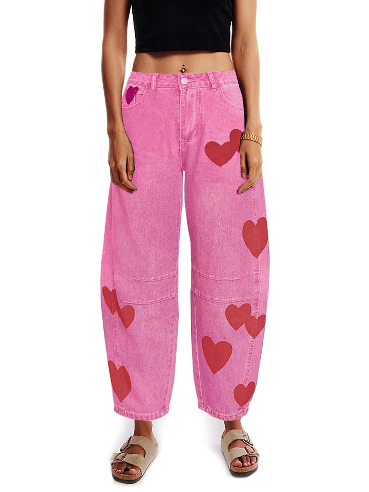 Women's Mid Rise Heart Printed Wide Leg Barrel Jeans