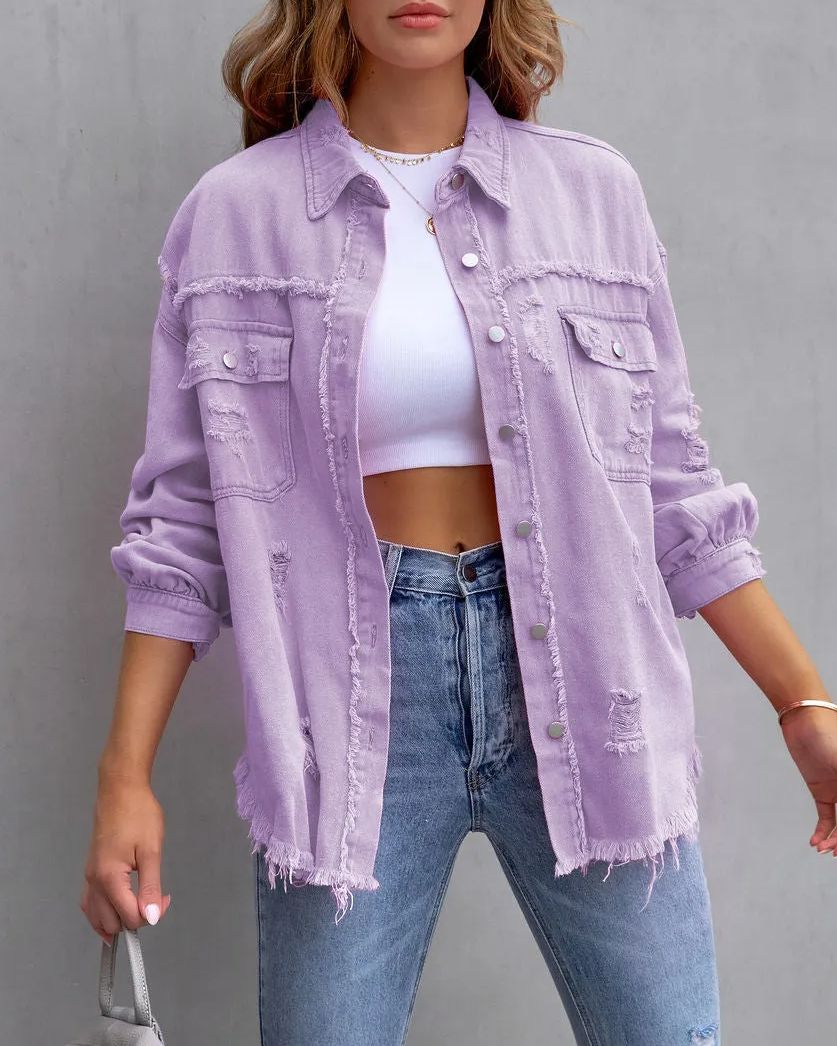 50% OFF🔥Women's Basic Casual Ripped Denim Jacket Long Sleeve (Buy 2 Free Shipping)