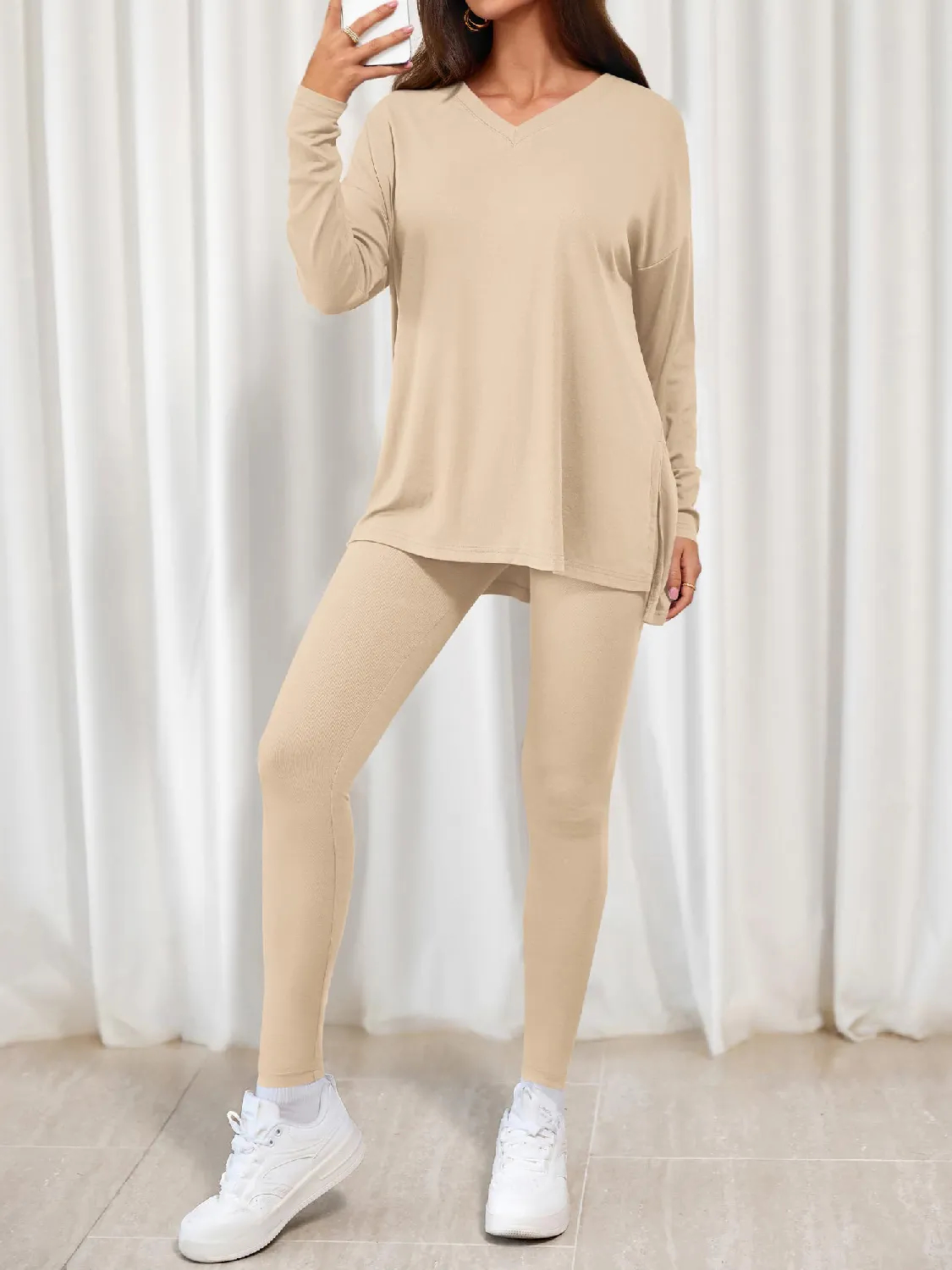 Women's V-neck Oversized Shirts Leggings Casual Lounge Matching Set