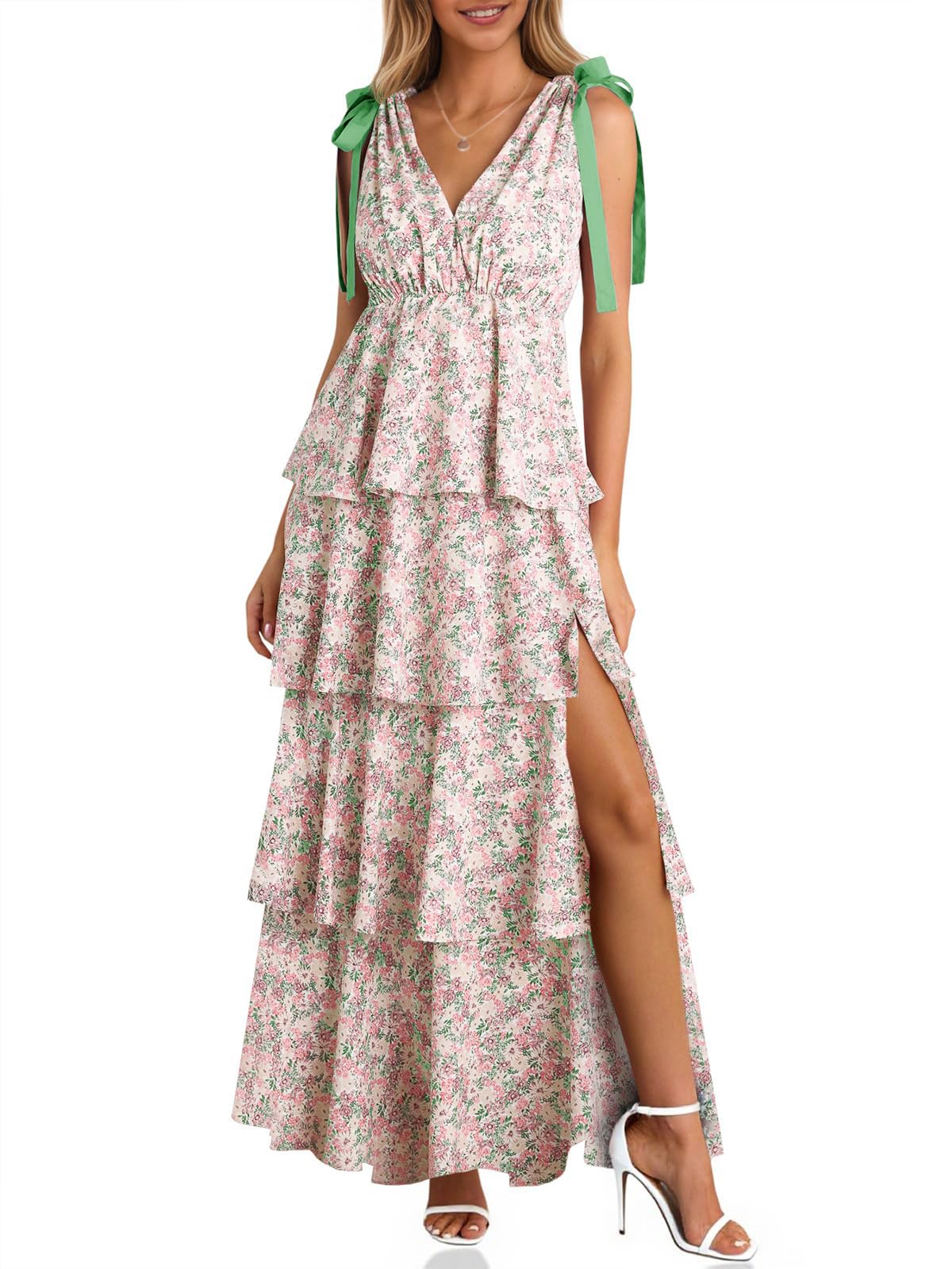 Women's Boho Floral Tie Strap V Neck Ruffle Tiered Maxi Dress