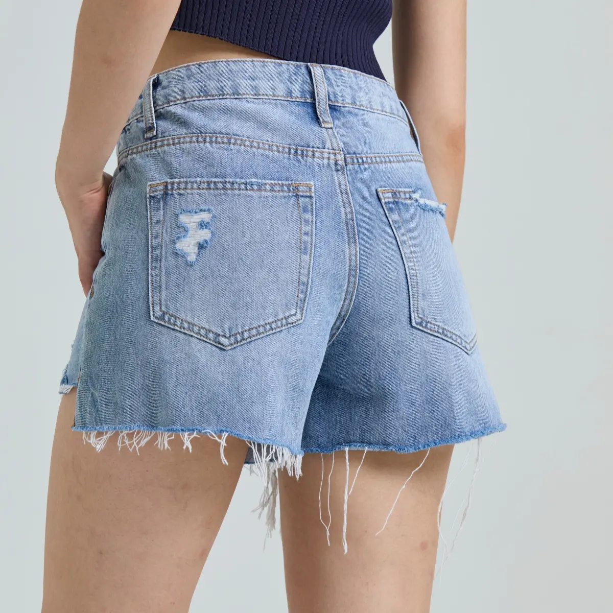 Non-Stretch High Rise Frayed Raw Hem Ripped Jean Shorts