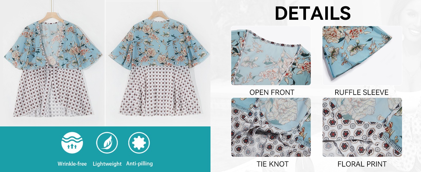Floral kimono tie front ruffle sleeve and floral print details