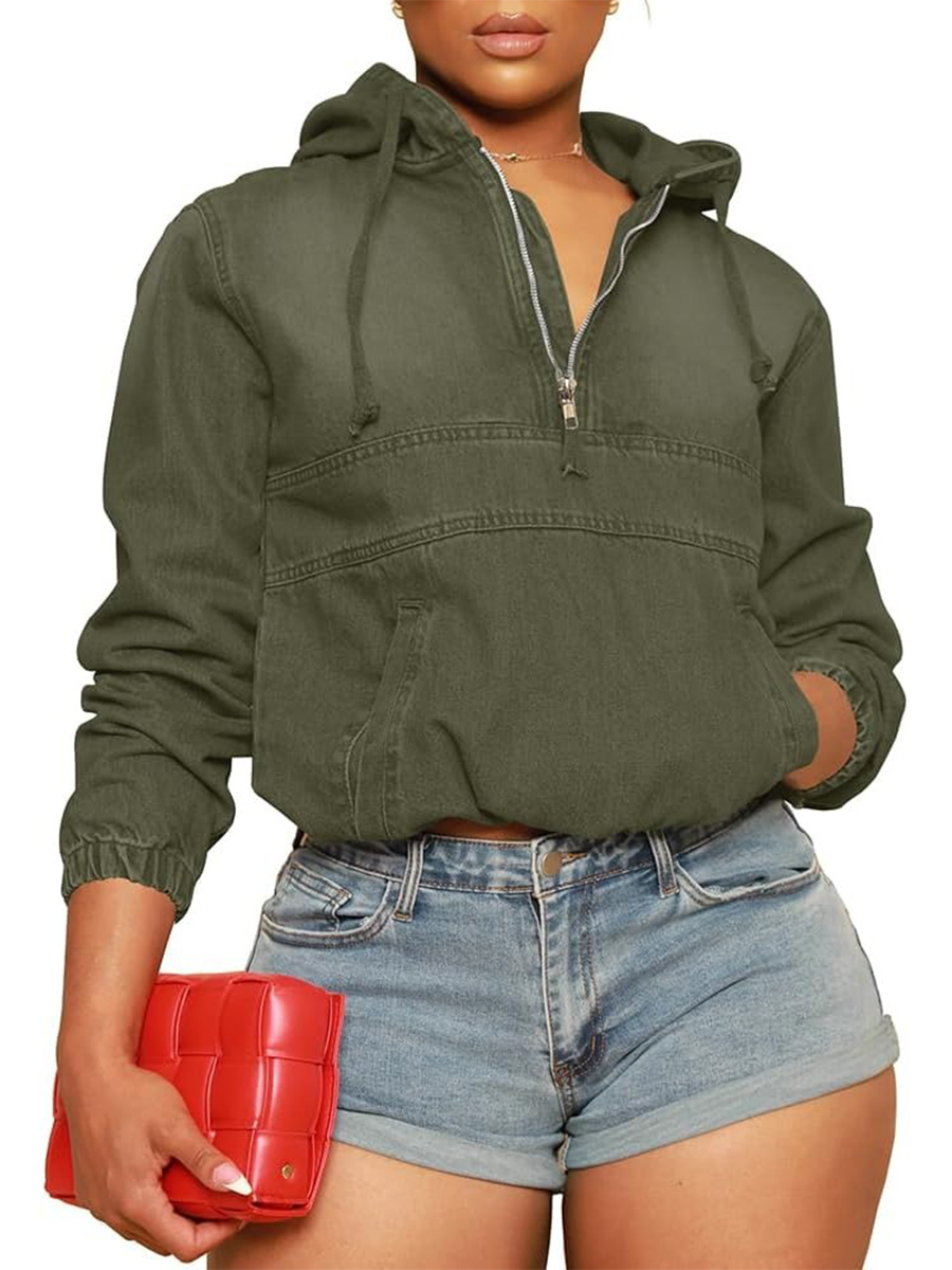 Women's Half Zip Denim Hoodie Pullover Jean Tops