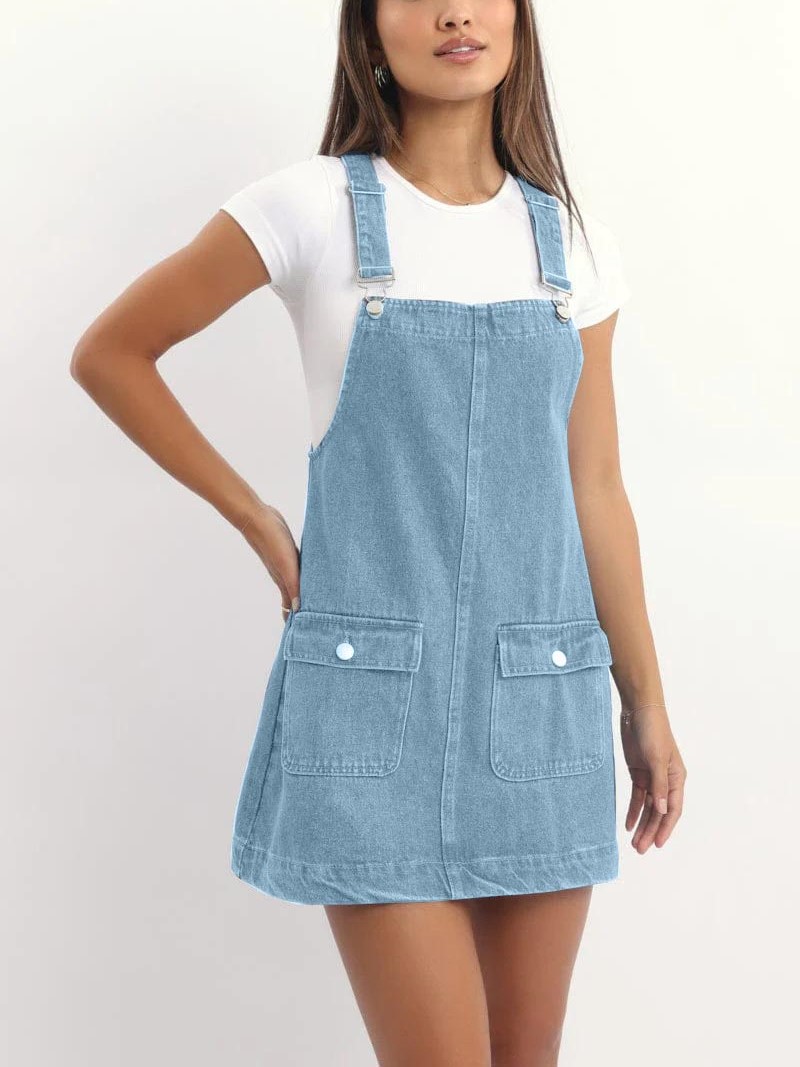Women's Adjustable Straps Denim Overall Mini Dress with Pockets
