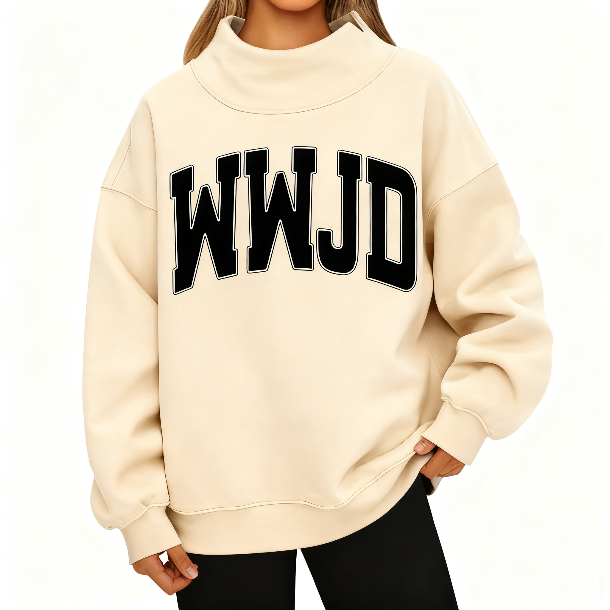 Cozy Mock Neck "WWJD" Printed Sweatshirt