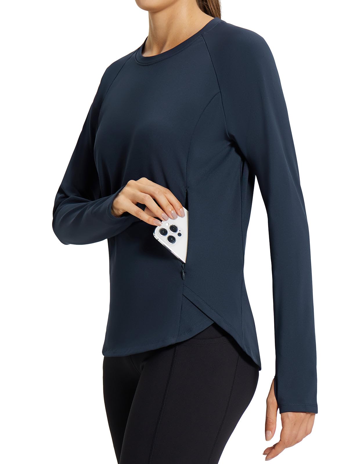 Women's Fleece Lined Long Sleeve Sports Tops with Thumbholes and Zipper Pocket