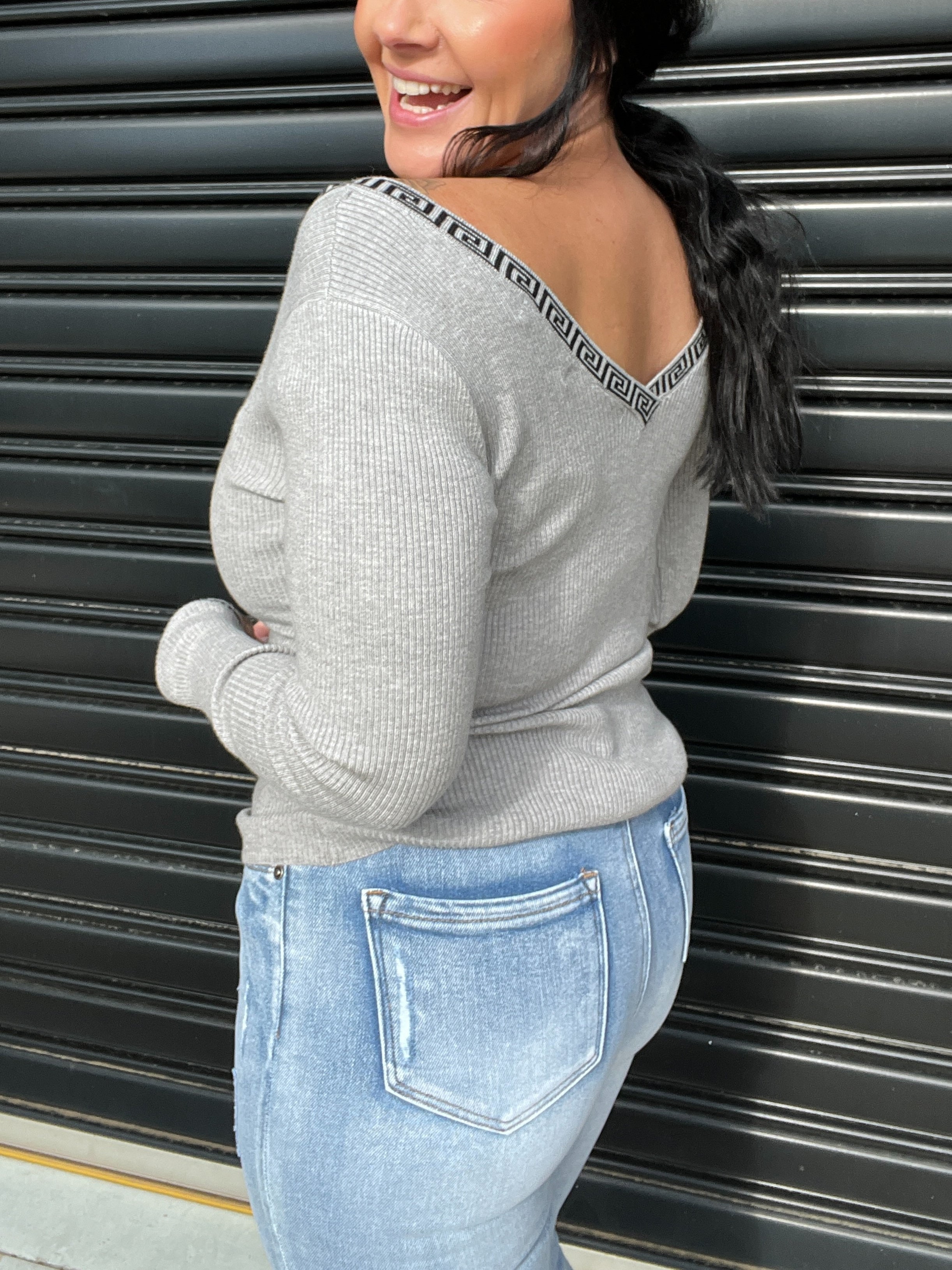 Deep V Neck Fitted Long Sleeve Geometric Trim Top