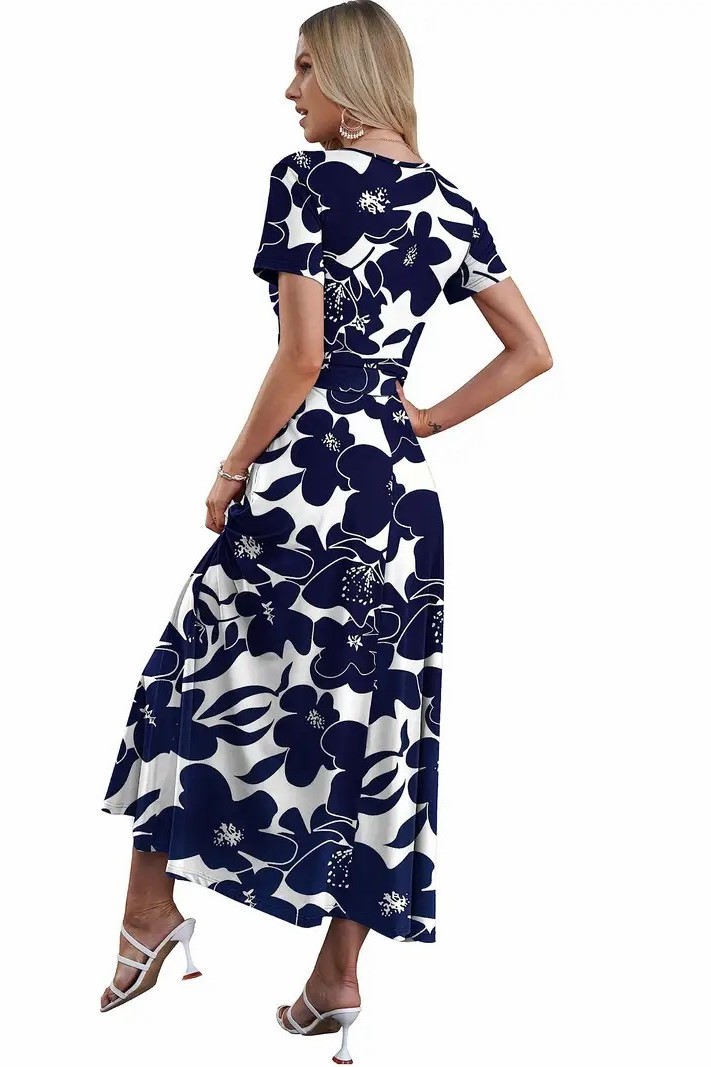 Women's V Neck Floral Print Beach Long Flowy Dress with Pockets