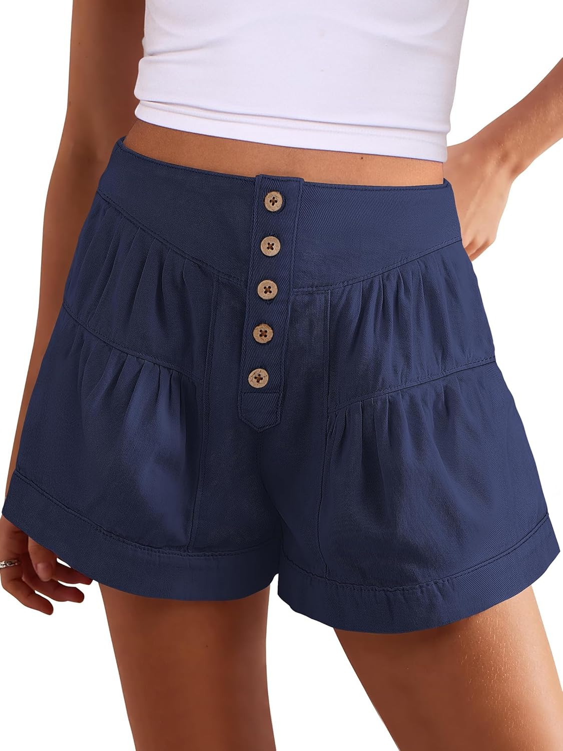 Women's Summer Baggy Flowy Wide Leg Buttons Pleated Denim Shorts