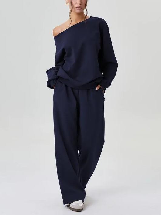 ⏰Hot Sale-Women's Solid Sloping Shoulder Long Sleeve Top & Wide Leg Trousers Set