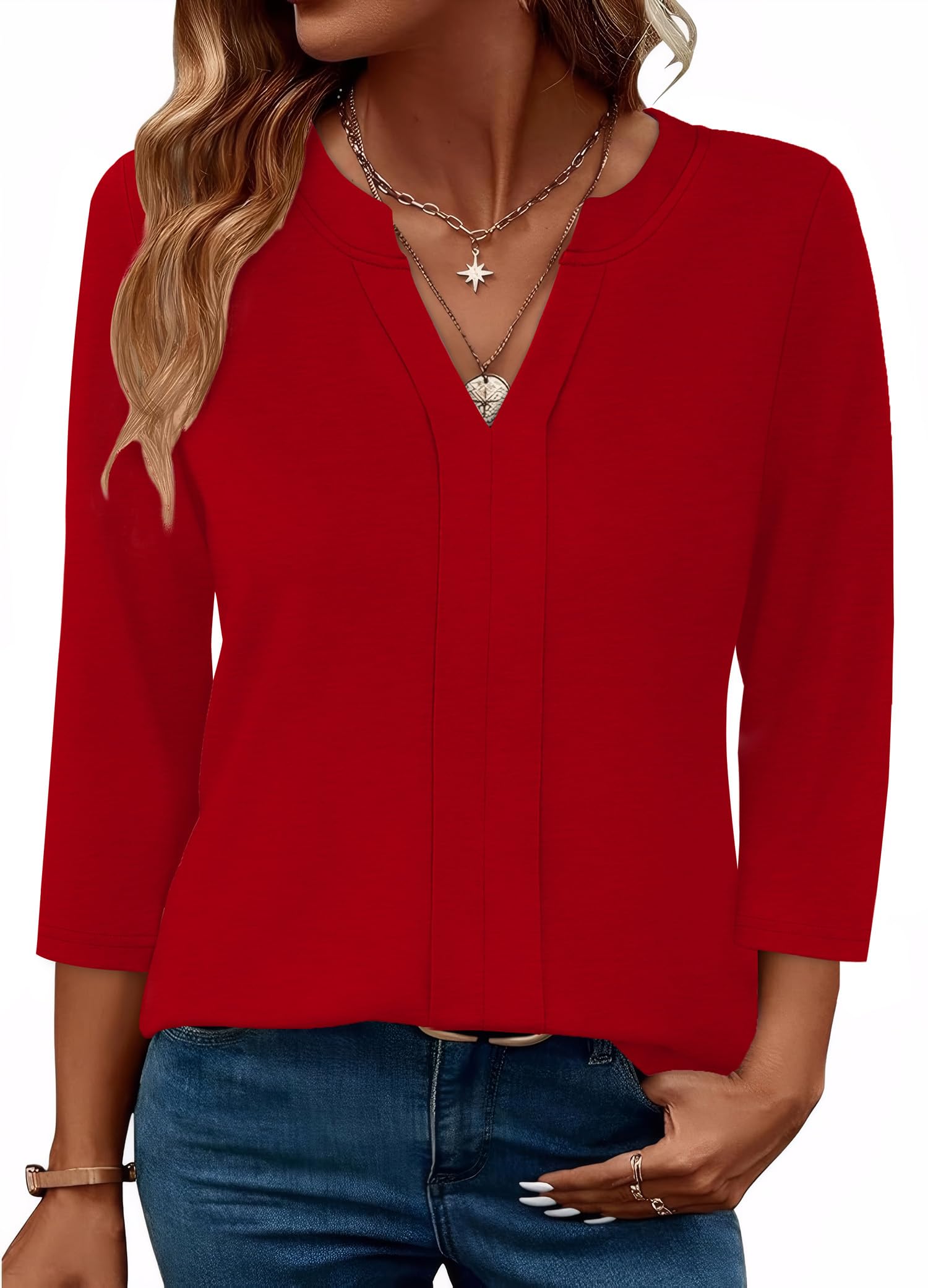 Womens 3/4 Length Sleeve Tops V Neck Pleated Work Blouses(buy 3 free shipping)