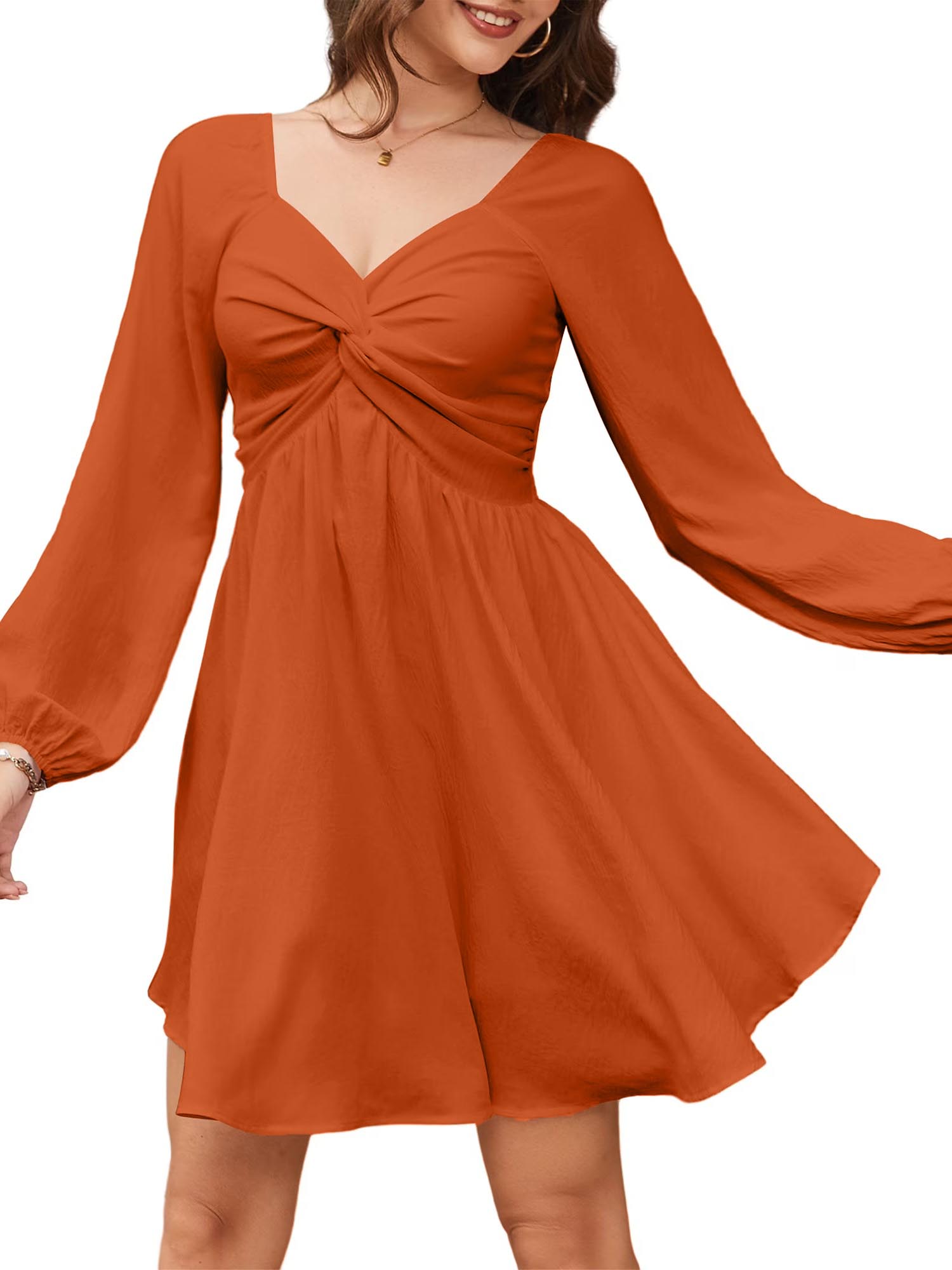 HOT SALE Women's V Neck Knot Front Smocked Back Long Sleeve Dress