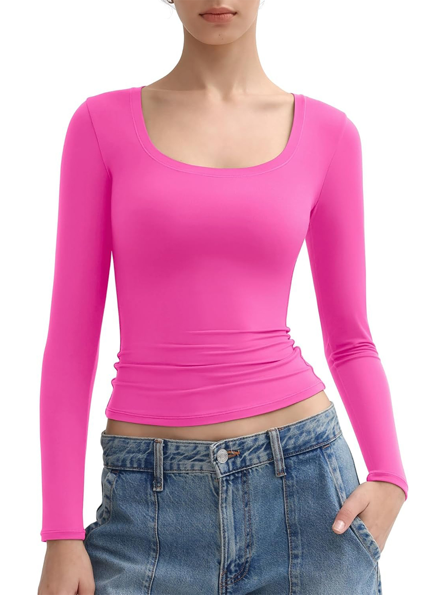 Women's Scoop Neck Slim Fit Long Sleeve Tops Double Lined Basic Tee